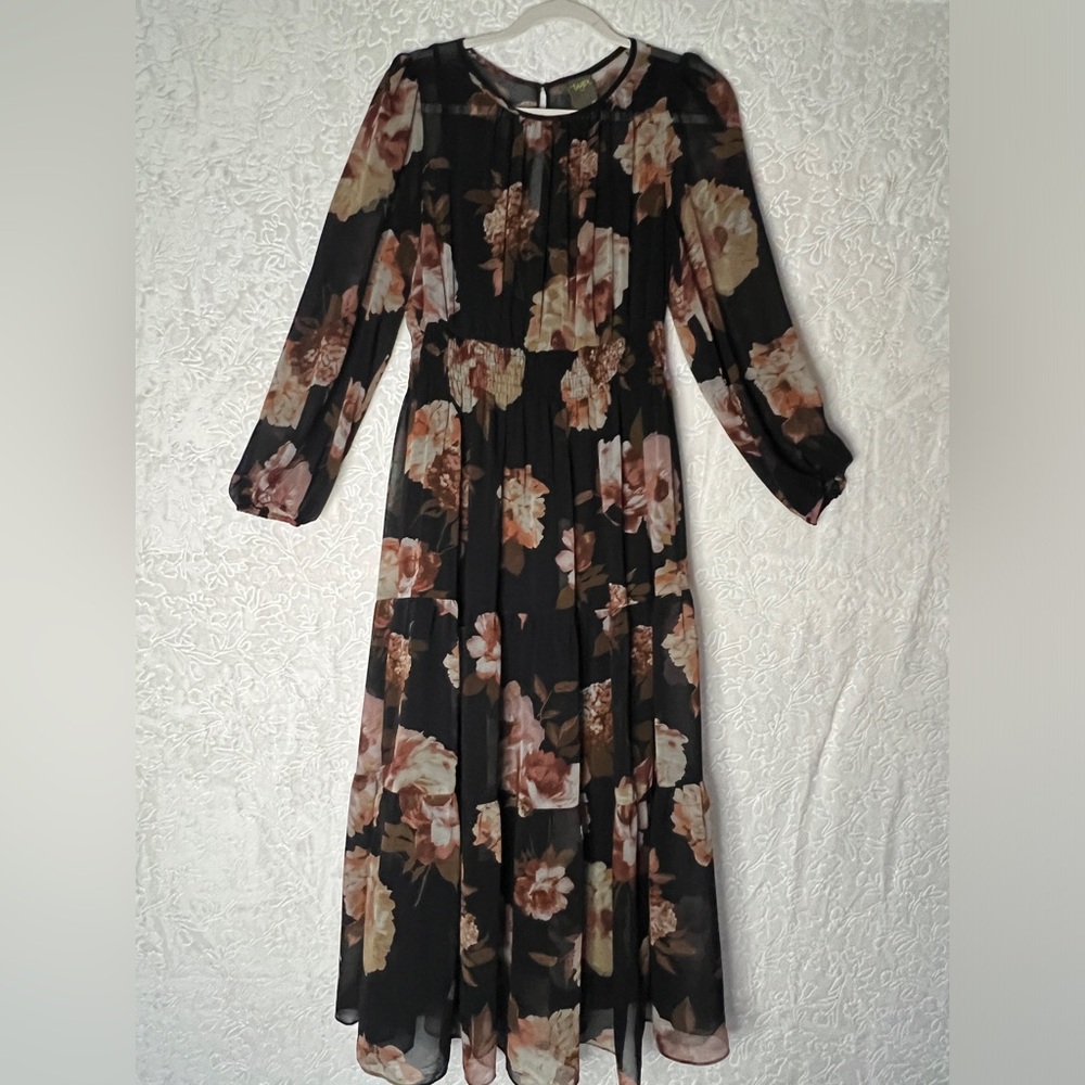 Taylor Black and Brown Floral Long Sleeve Dress
